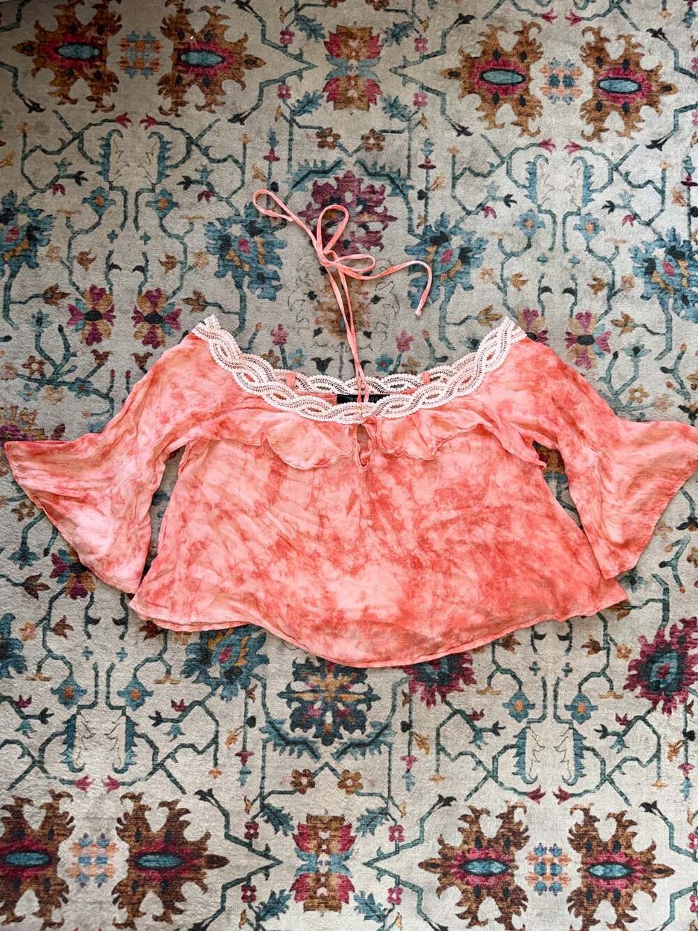 Rampage Women's Pink Tie-Dye Off-Shoulder Crop Top with Lace Trim